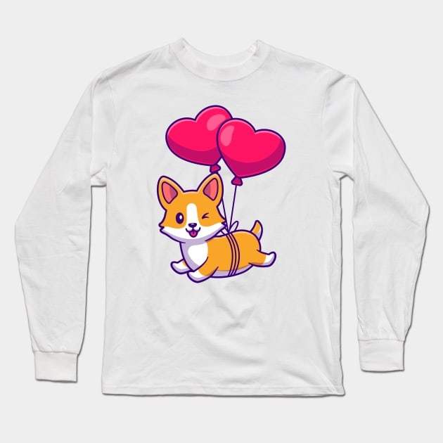 Cut Corgi Dog Floating With Heart Love Balloon Long Sleeve T-Shirt by Catalyst Labs